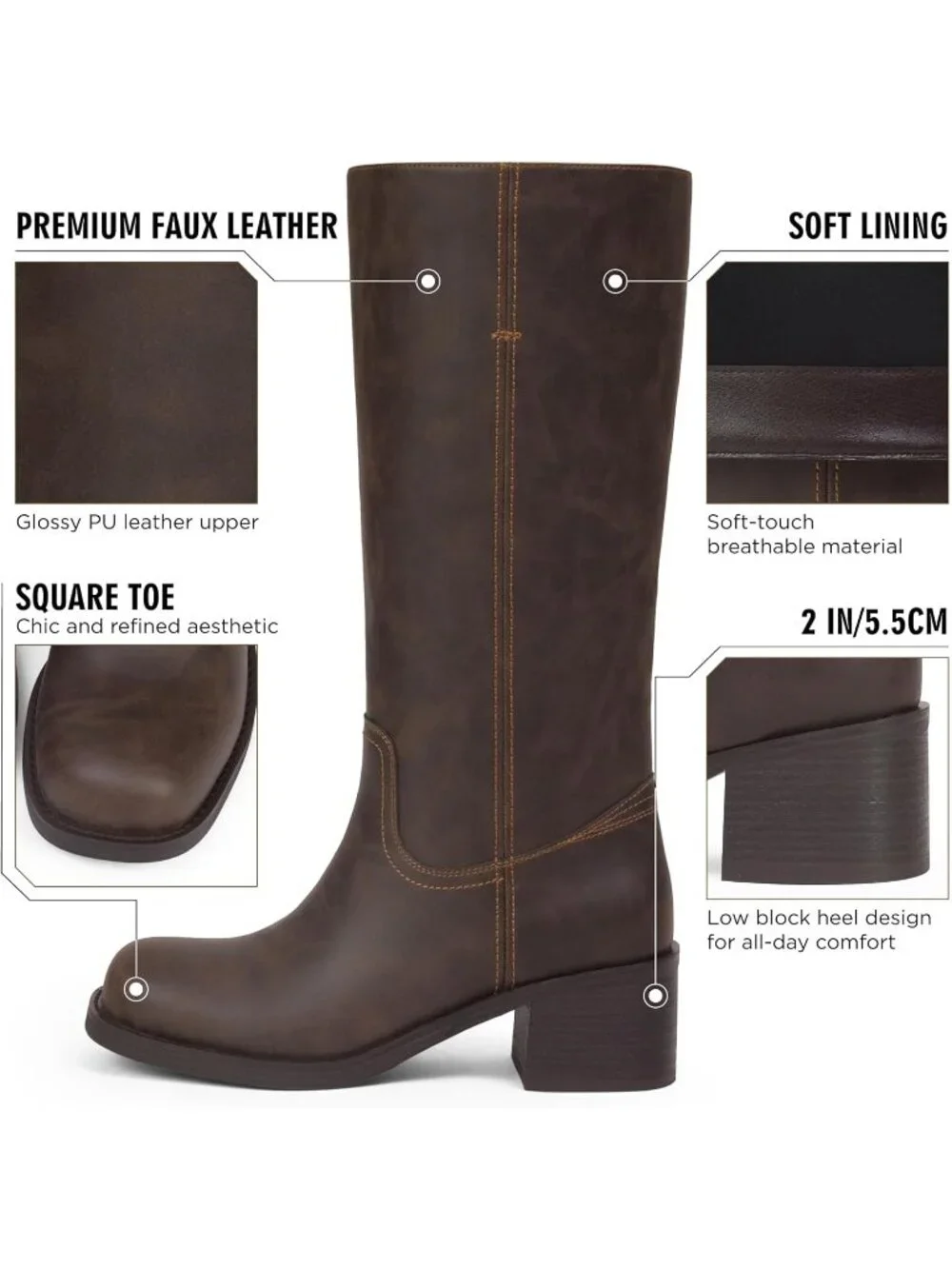 Women's Matte Dark Brown Mid Calf Block Low Heel Square Toe Comfortable Boots - Picture 3 of 6